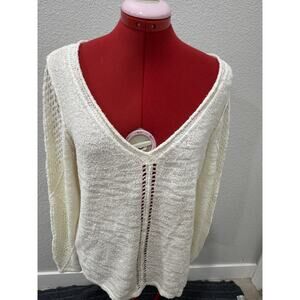 Boho V Neck‎ Knit Sweater Pullover Textured White Open Weave Lightweight